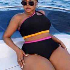 Shein Plus Size Women's Asymmetrical Neck Hollow Colorblock Trim Tankini Top Set - Summer Beach/Pool