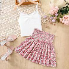 Shein Teen Girl Shirred Lace Trim Camisole And Ditsy Floral A-Line Skirt Set