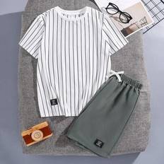 Sportswear Garment Other Sets Children's Clothing Shein Tween Boys Casual Striped Graphic Crewneck T-Shirt And Shorts Set - Spring/Summer