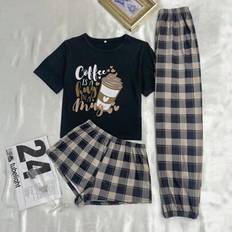 Shein Plus Size Women's Coffee Print Shirt & Plaid Shorts Pants Pajama Set
