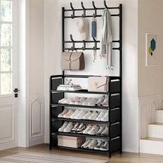 Irons Shoe Racks Shein 3 In 1 Hallway Coat Rack Shoe Storage 5 Tiers Metal Stand 8 Hooks Shelves 80Cm Widen Metal W/ 8 Removable Hooks Black Shoe Rack