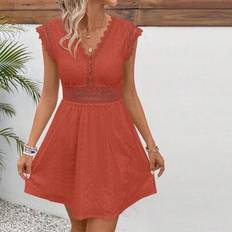 Shein Damen Einfarbiges Kleid Mit Kontrast Spitze Kurzarm Eleganter Urlaubskleid