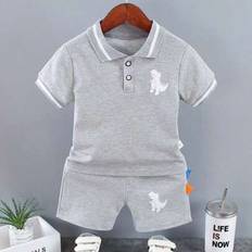 Shein Infant Baby Boy Set Summer Clothing Casual Sport Suit Short-Sleeved POLO Shirt - Grey Dinosaur Print