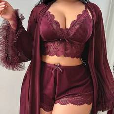 Shein Lace Patchwork Sexy Camisole Shorts 3D Floral Trim Loose Sleeve - Plus Size