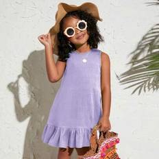 Shein Young Girl Vacation Casual Fashionable Woven Solid Color Round Neck Sleeveless Dress