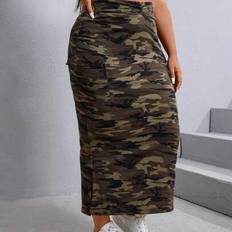 Camouflage Skirts Shein Plus Camo Print Flap Pocket Split Side Skirt