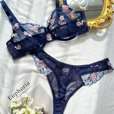 Shein Plus Size Sexy Floral Embroidery Sheer Lingerie Set