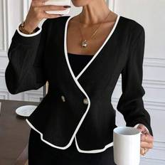 Stripes Blazers Shein Elegant Double Button V Neck Long Sleeve Short Blazer - Contrast Trim