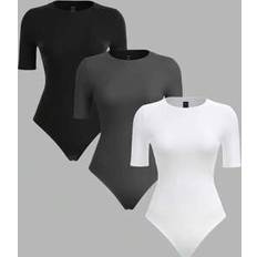 Shein Casual Solid Color Knitted Round Neck Short Sleeve Fitted Bodysuit - Women