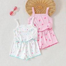 Florals Pyjamases Children's Clothing Shein Young Girl Floral Star Heart Print Contrast Trim Camisole With Shorts Pajama Set - Fashionable