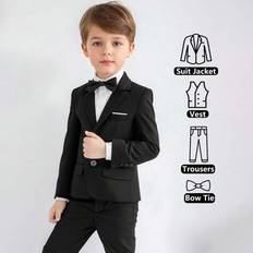 Shein Set Of Boys Gentleman Suits Formal Flat Collar Suit Jacket Vest Trousers - Black