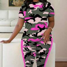 Camouflage Suits Shein Maweii Plus Size Fashionable Camo Print Casual Set Short Sleeve Top And Pants