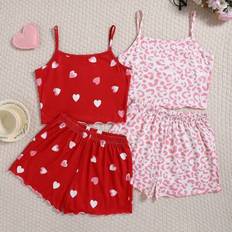 Polyester Pyjamases Children's Clothing Shein Teen Girl Heart Animal Print Camisole Top With Wave Hem & Shorts - Casual