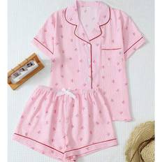 Shein Comfortable Striped Butterfly Print Lapel Button Short Sleeve Top - Pink/White