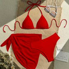 Shein 3pcs Women Holiday Solid Color Sexy Halter Bikini Swimwear Set - Summer Beach Vacation