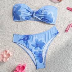 Shein Teen Girls Blue Light Blue Floral Print Twist Front Bandeau Vacation Casual Cute Bikini Set - Blue/Light Blue Floral