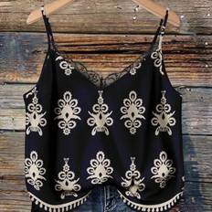 Shein Plus Size V-Neck Lace Patchwork Cami Top - Black Floral Print