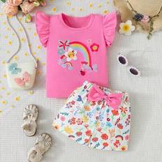 Girls - Yellow Other Sets Shein Girls Summer Casual Rainbow Flower Print Round Neck Sleeveless Yellow T-Shirt And Shorts Set - Yellow
