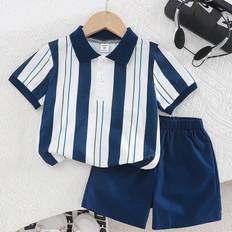 Sportswear Garment Other Sets Shein Boys Striped Polo Collar Short Sleeve Top And Elastic Waist Loose Shorts Set - Summer