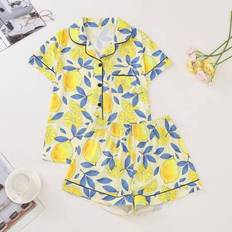 Shein Cute Lemon Print Bow Decor Plus Size Ladies Pajama Set - Soft Fabric/Elastic Waist