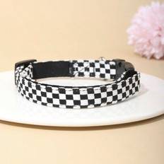 Pets Shein Polyester Black & White Plaid Pattern Pet Collar 1pc