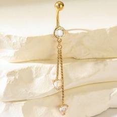 Gold - Women Piercings Shein Long Chain Navel Ring With Cubic Zirconia Heart Charm - 14K Gold Plated