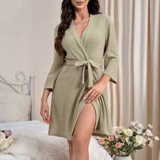 Green Robes Shein Waffle Texture Fabric Women's Bathrobe - Home