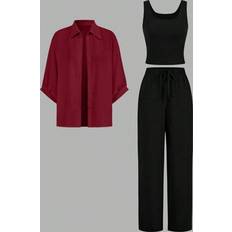 Checkered - Women Suits Shein 3pcs Set Women's Black/White Plaid Shirt Blazer And Wide Leg Pants - Black/White