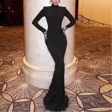 High Collar Dresses Shein European & American Style Women High Neck Long Sleeve Padded Shoulder Ruched Fishtail Dress