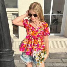 Girls Blouses & Tunics Shein Tween Girls Casual Floral Print Ruffled Surplice Neck Puff Sleeve Blouse