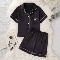Solid Colours Pyjamases Shein Girls Pajamas Set Soft Solid Color Waffle Knit Applique Heart - Collar Button