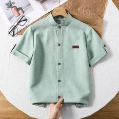 Solid Colours Shirts Shein Tween Boys Stand Collar Gentleman Style Shirt - Blue