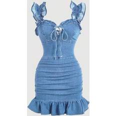 Shein Dresses Shein Women's Sexy Ruched Fitted Denim Dress With Ruffle Trim - Summer