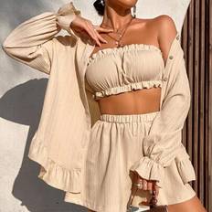 Shein Women's Summer Vacation Soild Color Texture Fabric Ruffled Hem Blouse & Tube Top & Shorts Set - Simple Everyday