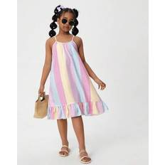 Polyester Dresses Children's Clothing Shein Girls Rainbow Multicolor Stripe Print Spaghetti Strap Ruffle Hem Casual Holiday Dress