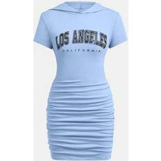 Sportswear Garment Dresses Children's Clothing Shein Teenage Girls Blue Knit Snug Fit Hooded Ruched Letter Print Casual Sports Mini Dress - Blue