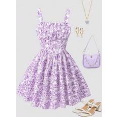 Shein Tween Girls Vacation Sweet Floral Print Slip Ruffle A-Line Dress - Spring/Summer