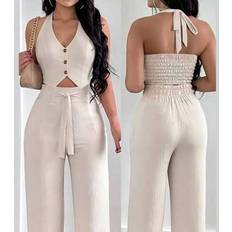 INAWLY 2pcs Set Women Casual Holiday Tied Neck Halter Top & Wide Leg Pants