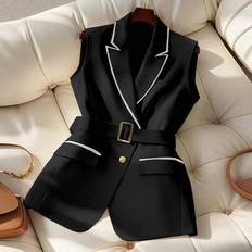 Shein Blazers Shein Colorblock Trim Belted Sleeveless Elegant Blazer