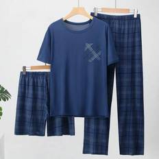 Blue - Men Pyjamas Shein 3 Pcs Men's Lightweight Pajama Set - Summer Plaid