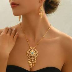 Copper Jewellery Sets Shein Simulated Zirconia Geometric Hollow Circle Design Boho Style Tassel Necklace Earrings Set - Women's