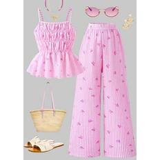 Pink Other Sets Shein Girls Striped Bow Strap Top And Straight-Leg Pants - Holiday Style