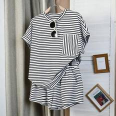 Shein Plus Size Casual Striped Crew Neck Short Sleeve Top And Shorts Set
