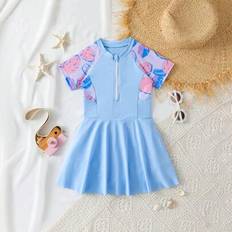 Blue Bathing Suits Shein Girls Tropical Print Zipper Swim Dress - Blue