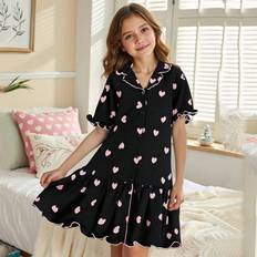 Black Nightgowns Children's Clothing Shein Girls Minimalist Heart Print Long Sleepshirt - Nightgown/Black/Pink