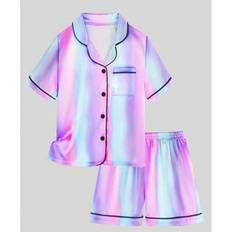 Stripes Night Garments Shein Tween Girl Striped Short Sleeve Shirt And Shorts Pajama Set - Blue-Purple