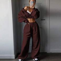 Women's Plain Zip-Up Hooded Crop Top And Elastic Waist Pants - Suit