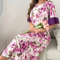 Elastane/Lycra/Spandex Nightgowns Shein Contrast Color Ruffle Trim Floral Print Long Nightgown