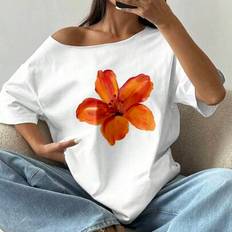Florals T-shirts Shein Flirla Women's Oversized Off Shoulder Loose T-Shirt - White