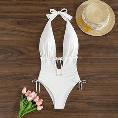White Swimsuits Shein Summer Beach Solid Color One-Piece Swimsuit With Drawstring Waist And Halter Neck